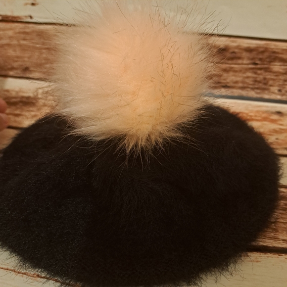 Children's place black faux fur with pink fur pom pom winter hat - Picture 3 of 5